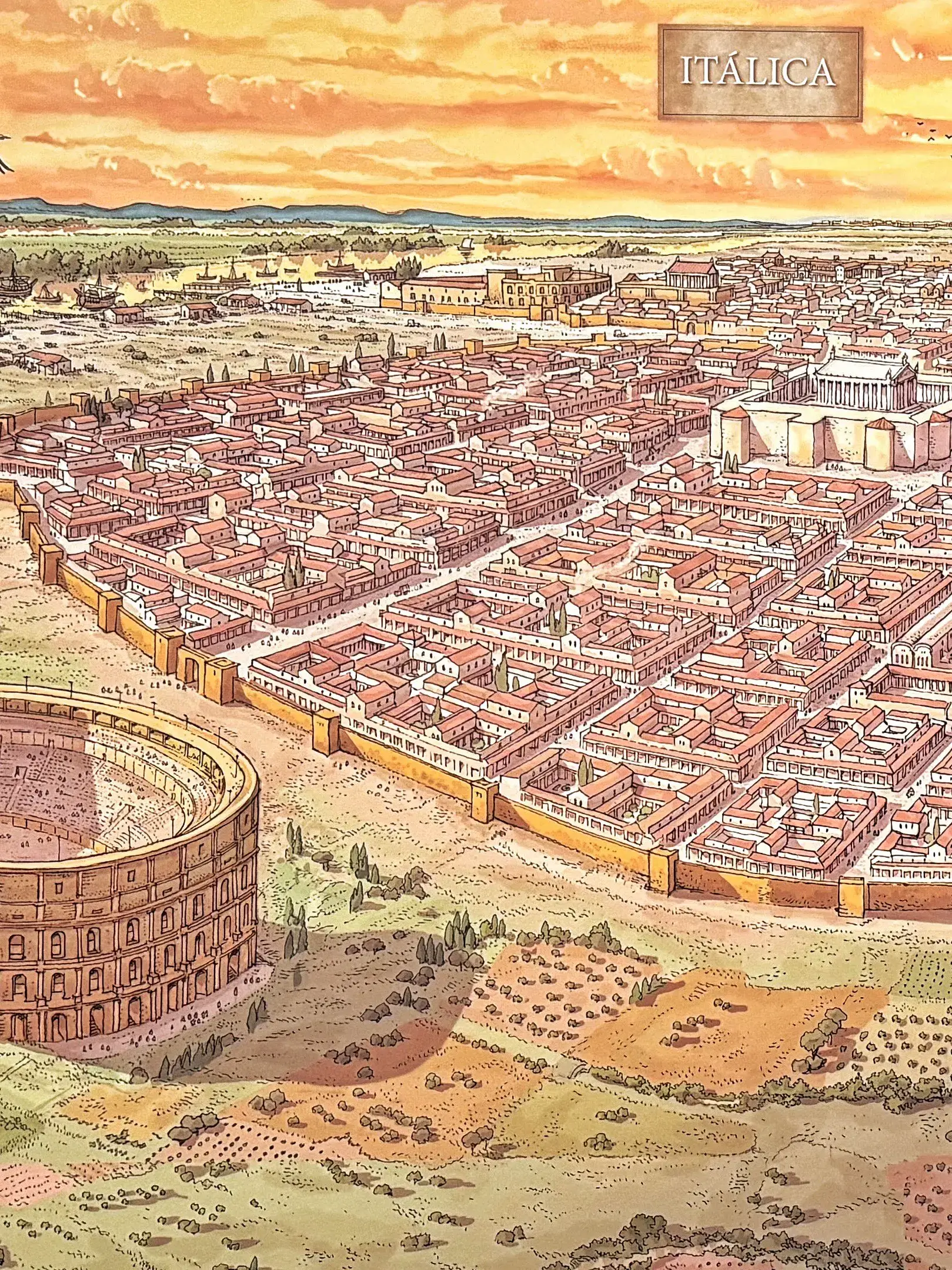 Zeichnerische Rekonstruktion der römischen Stadt Itálica mit Amphitheater, Stadtmauer, Straßen und öffentlichen Bauten